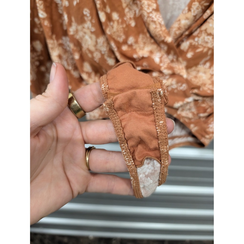 Free People Turnt Bodysuit Rust Orange Floral Long Sleeve Deep V-Neck- XS - Picture 6 of 7